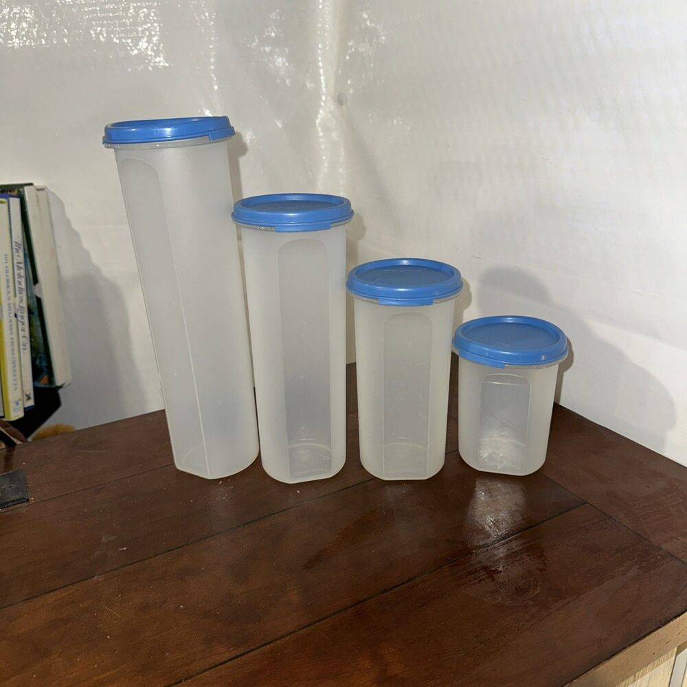 4 Tupperware Sheer Modular Mate w/ Blue Lid Round 1606 1641 1643 1661 Retro